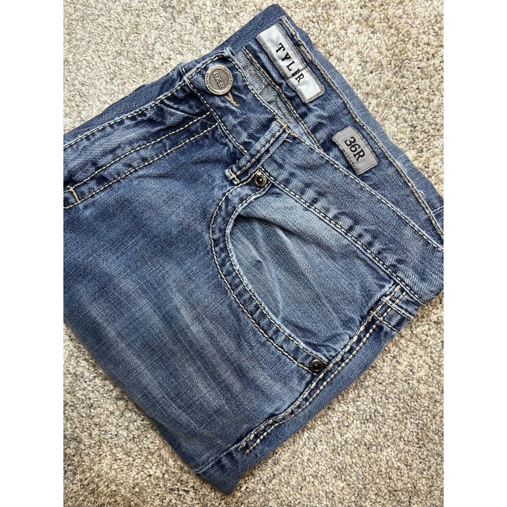 BKE Tyler Mens Bootcut Jeans Medium Wash Distressed Denim 35x29 (Tag 36R)